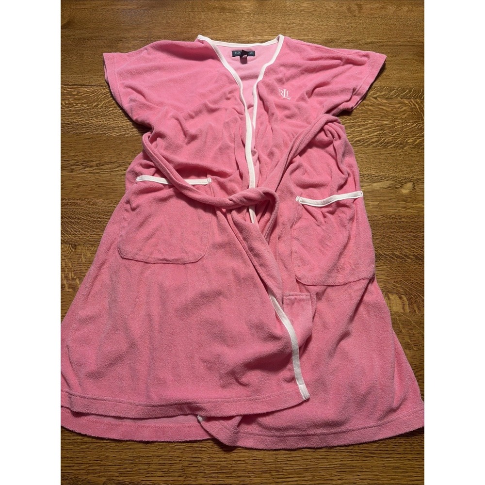 Lauren Ralph Lauren Pink Terry Cloth Short Sleeve Wrap Robe LRL Monogram Size L
